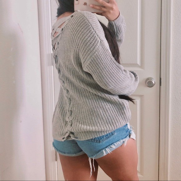 Super cute gray lace up back knit sweater - Picture 3 of 6